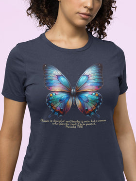 Butterfly T-Shirt - "Praised" Inspirational Design Proverbs 31:30 - Encore2woBlackS