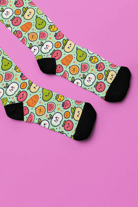 Custom Smiling Fruits & Vegetables Socks - Colorful Pattern Print Personalized Socks - Encore2woS