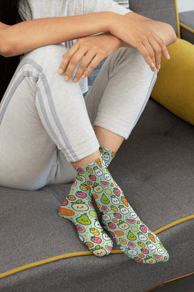Custom Smiling Fruits & Vegetables Socks - Colorful Pattern Print Personalized Socks - Encore2woS