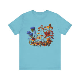 Fall Blooming Flowers T-Shirt - Featuring New England Aster, Helenium, Goldenrod, Geum, and Black - Eyed Susan - Encore2woTurquoiseS