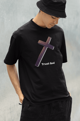 Trust God Wooden Cross Tee, Christian Faith Shirt, Religious Graphic Tshirt, Inspirational Quote Top, Unisex Jersey Short Sleeve T-Shirt, - Encore2woBlackS