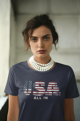 USA All In T-Shirt - Patriotic American Flag Design with Bold Lettering - Encore2woArmyS