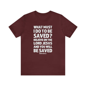 What Must I Do Acts 16:30 - 31 Scripture Tee Faith & Salvation T-Shirt - Encore2woMaroonS