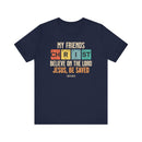 Navy blue t-shirt with colorful text design on a white background