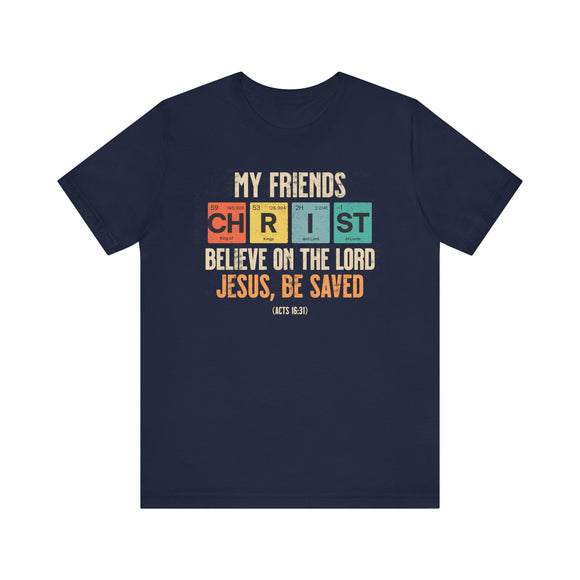 Navy blue t-shirt with colorful text design on a white background