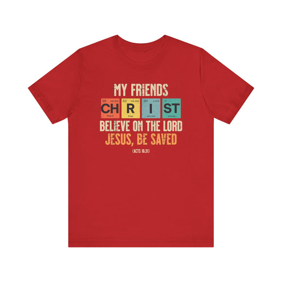 Red t-shirt with colorful text design on a white background