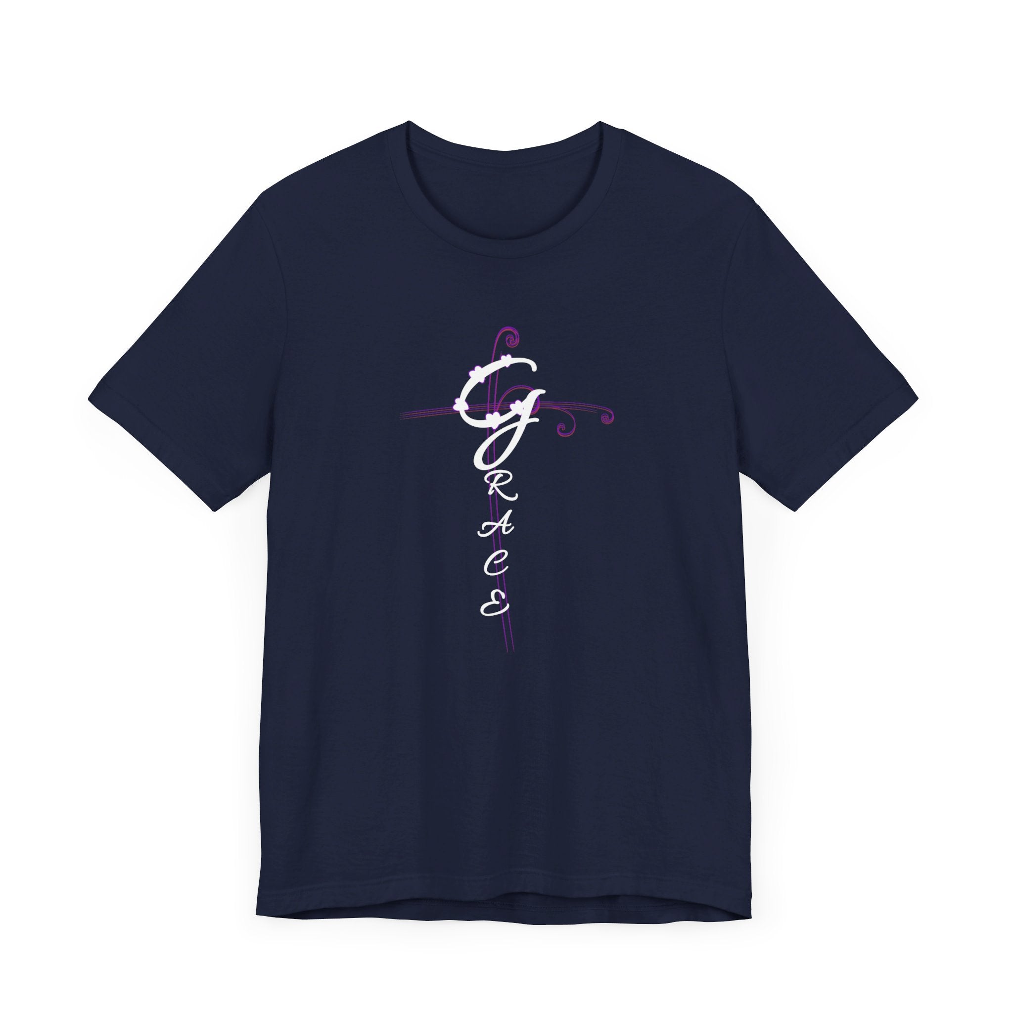 Grace Script T-Shirt - Fancy Purple Cross Design, "God's Favor" Christian Tee