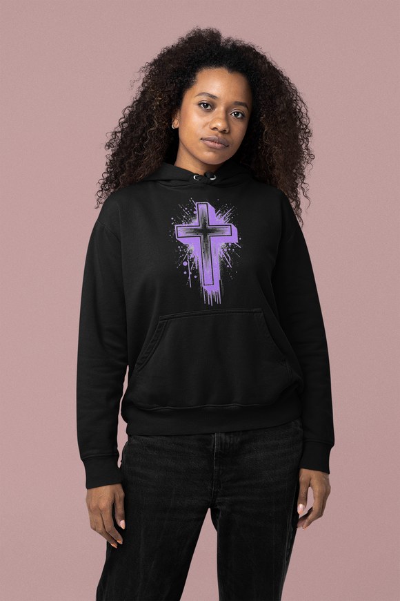 Purple Cross Graphic Hoodie, Faith-Based  Christian Sweatshirt | Bold Cross Design | Unisex Comfort Fit