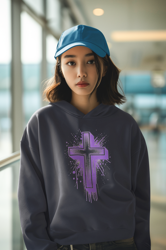 Purple Cross Graphic Hoodie, Faith-Based  Christian Sweatshirt | Bold Cross Design | Unisex Comfort Fit