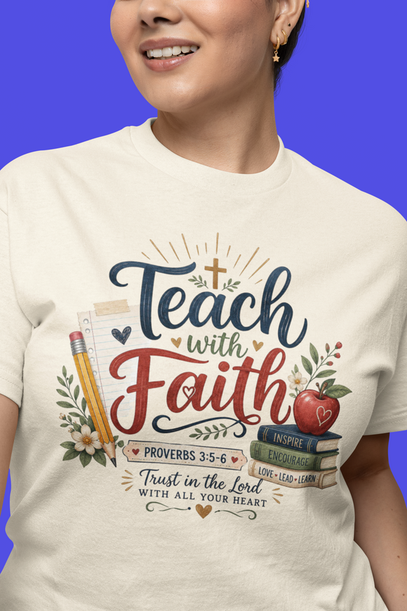 Teach with Faith T-Shirt — Christian Teacher Tee with Proverbs 3:5 Design