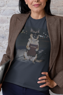 Woman wearing a Navy Comfort Colors T-shirt featuring a German Shepherd holding a Holy Bible and wearing a cross necklace.