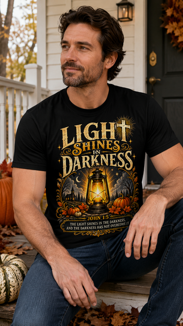 Buy black Light Shines in Darkness Tee — Christian Lantern Pumpkin Fall Halloween Shirt