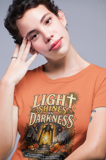 Light Shines in Darkness Tee — Christian Lantern Pumpkin Fall Halloween Shirt - 0