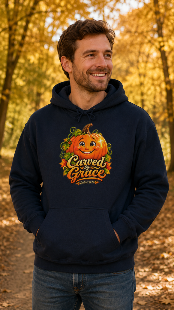 Carved by Grace Christian Fall Hoodie – Ezekiel 36:26 Pumpkin Sweatshirt