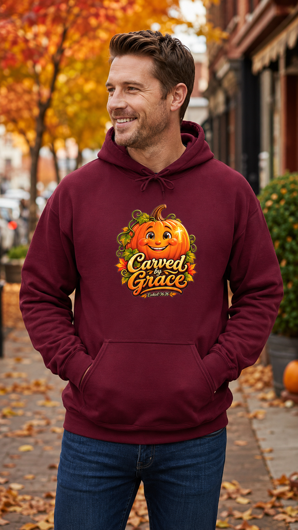 Carved by Grace Christian Fall Hoodie – Ezekiel 36:26 Pumpkin Sweatshirt