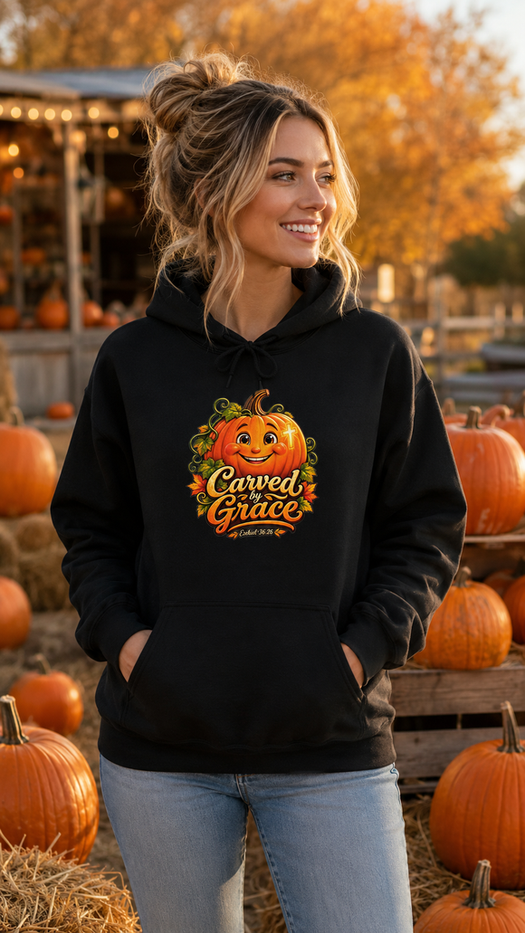 Carved by Grace Christian Fall Hoodie – Ezekiel 36:26 Pumpkin Sweatshirt