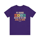 Purple t-shirt with colorful text design on a white background