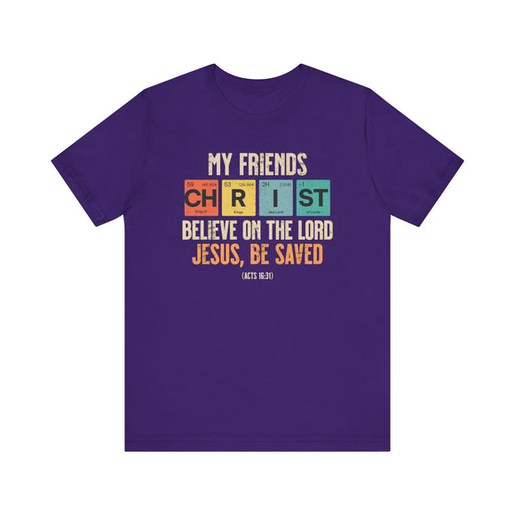 Purple t-shirt with colorful text design on a white background