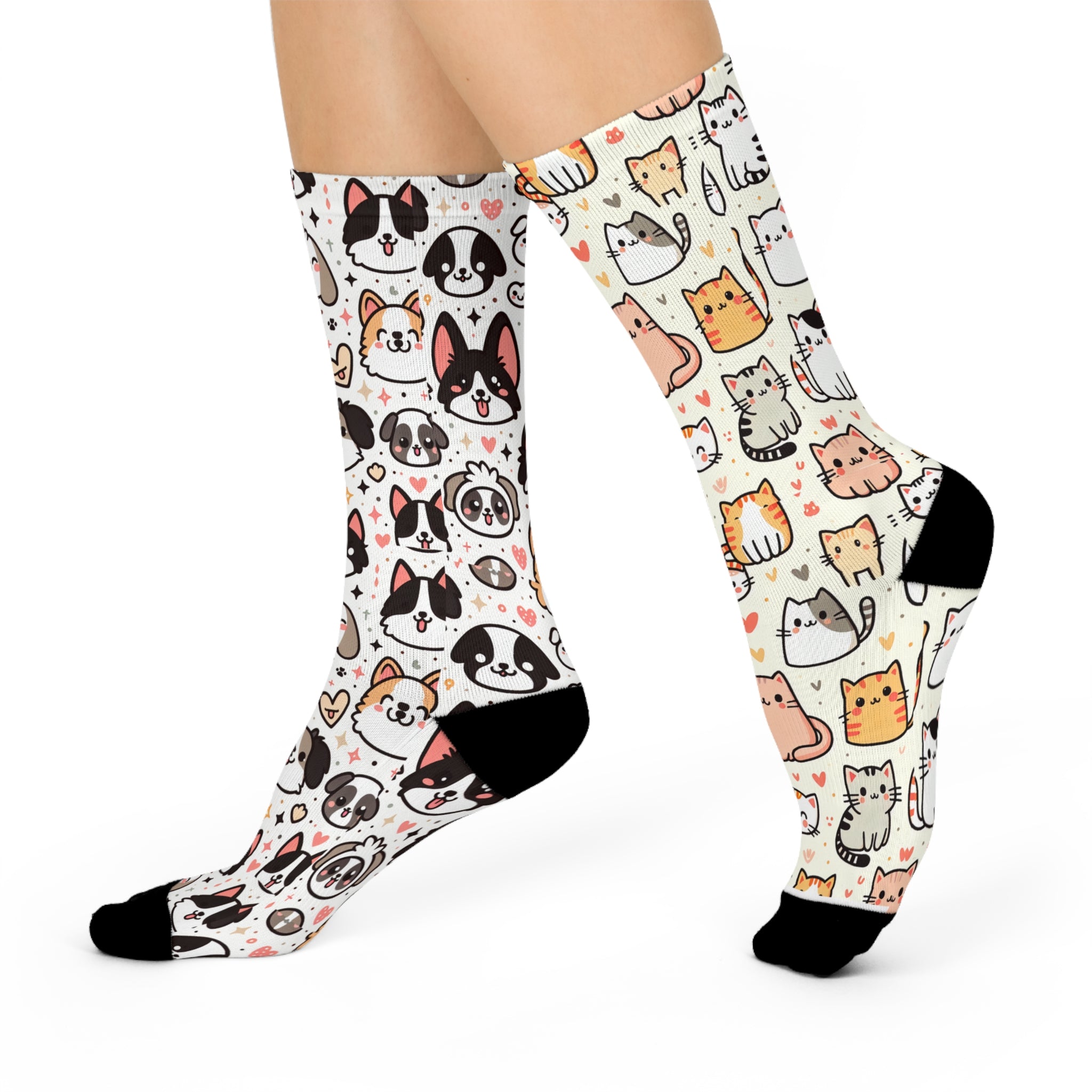 Mismatch Socks Featuring Dogs and Cats, Kawaii style, Cushioned Crew Socks - 0