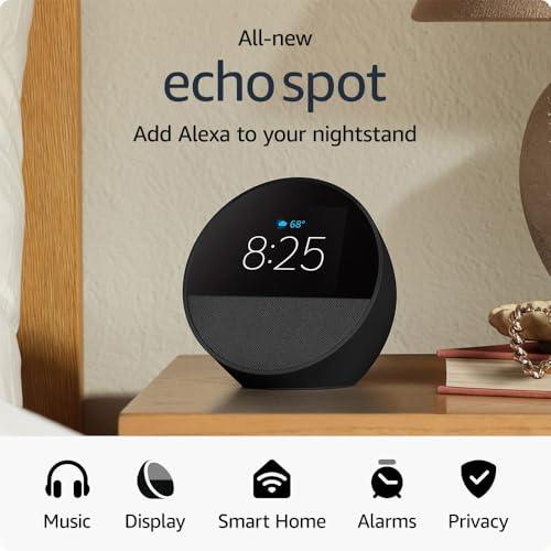 All-new Amazon Echo Spot (2024) – Smart Alarm Clock with Alexa & Vibrant Sound, Black