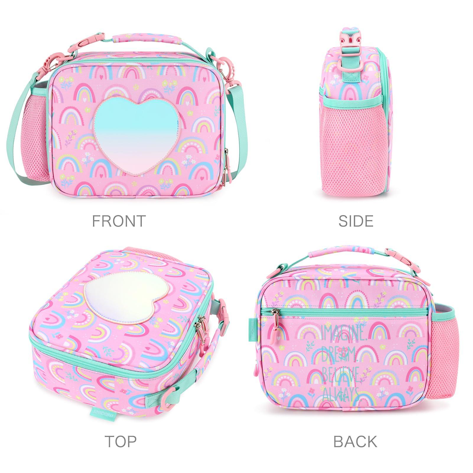 Girls Insulated Lunch Bag - Rainbow Heart Design with Shoulder Strap and Bottle Holder