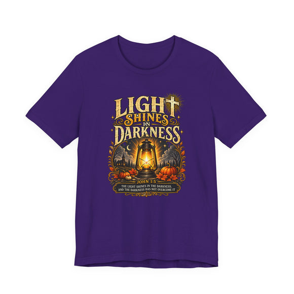 Light Shines in Darkness Tee — Christian Lantern Pumpkin Fall Halloween Shirt