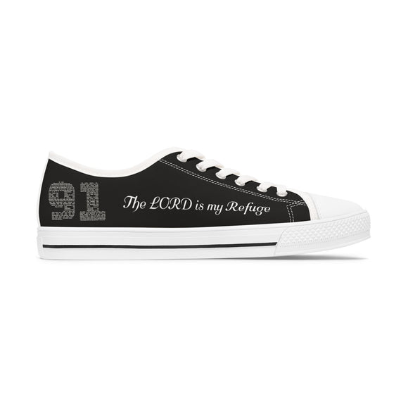 Psalm 91 Sneakers – “The LORD Is My Refuge” Black '91 Retro Script Faith-Inspired Low-Top Shoes