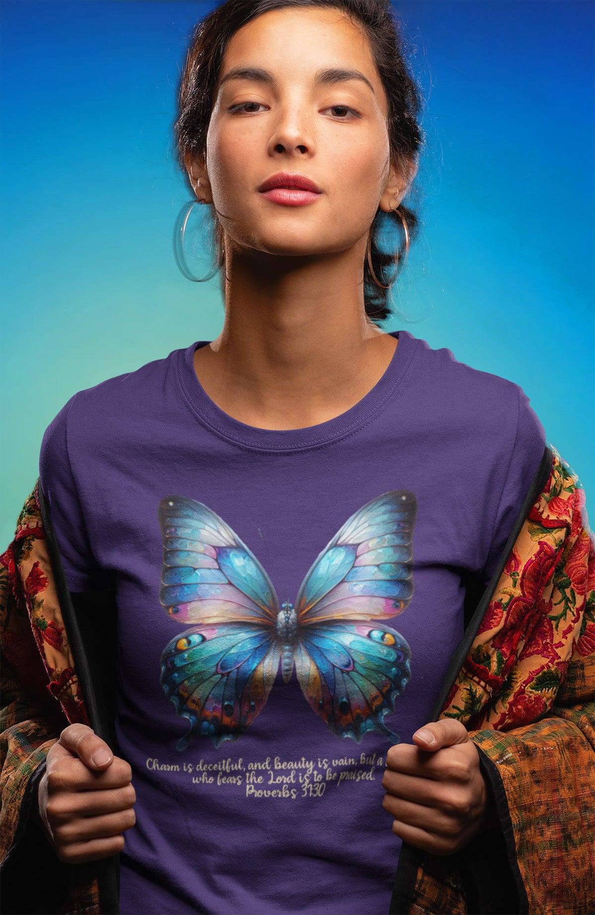 Butterfly T-Shirt - "Praised" Inspirational Design Proverbs 31:30