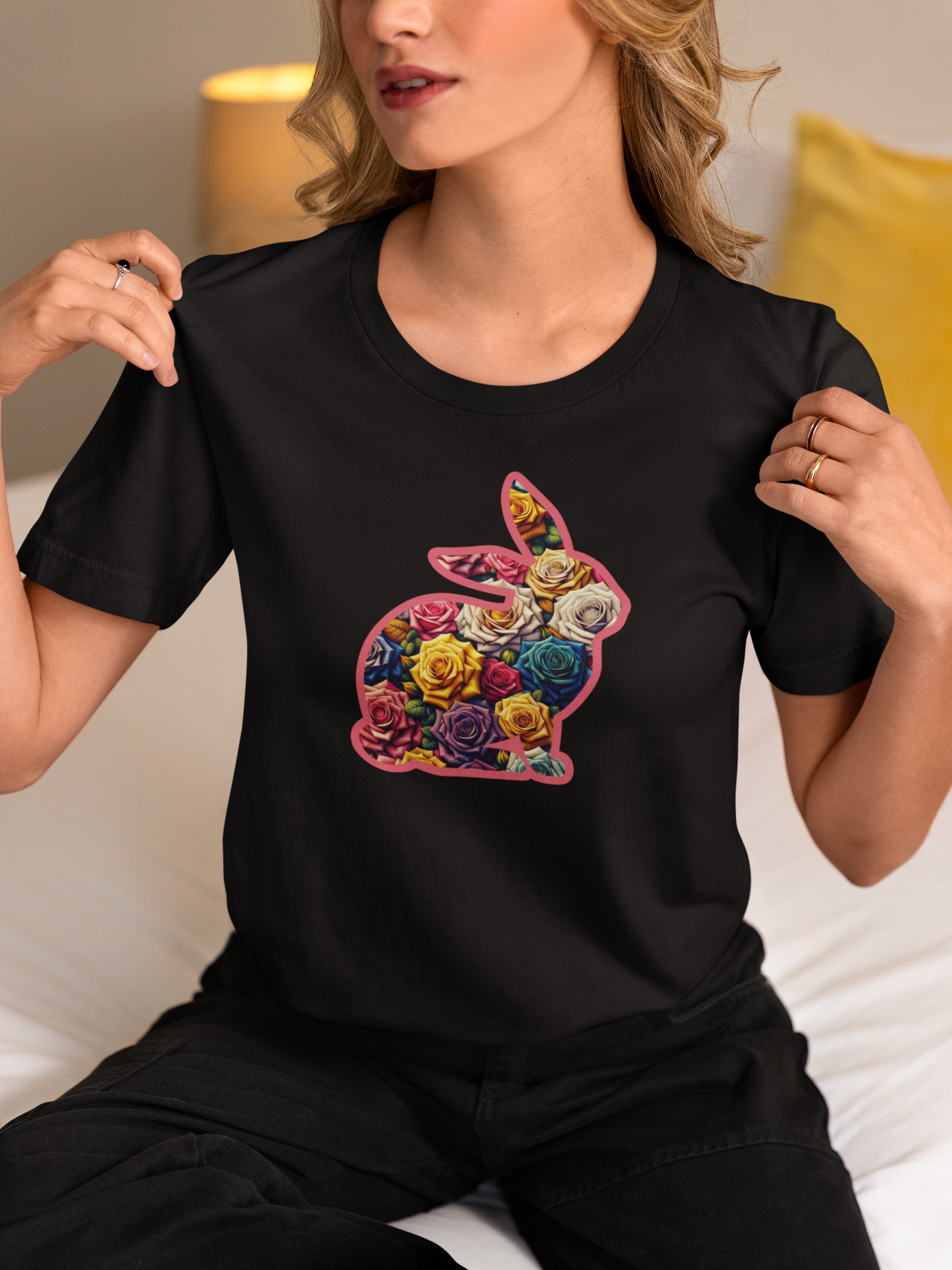 Easter Bunny Floral Multicolored Roses T-Shirt - Women's Easter Tee