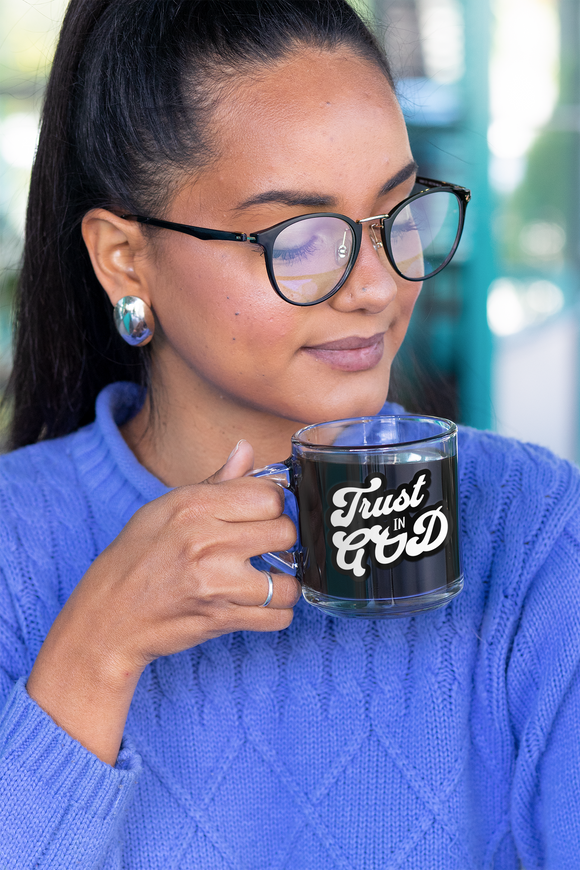 Trust in God Retro Clear Glass Mug – 10oz Transparent Christian Coffee Cup