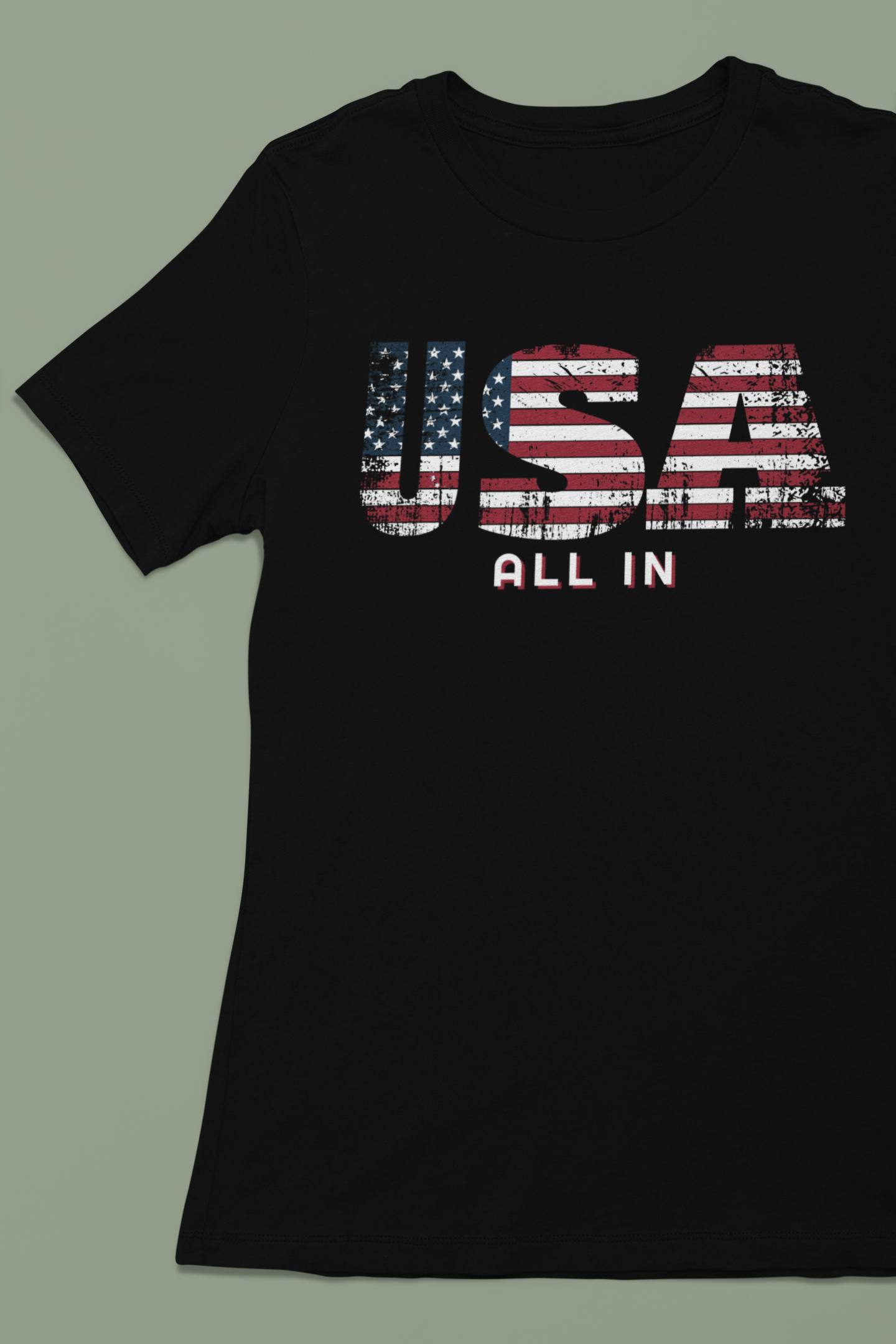 USA All In T-Shirt - Patriotic American Flag Design with Bold Lettering