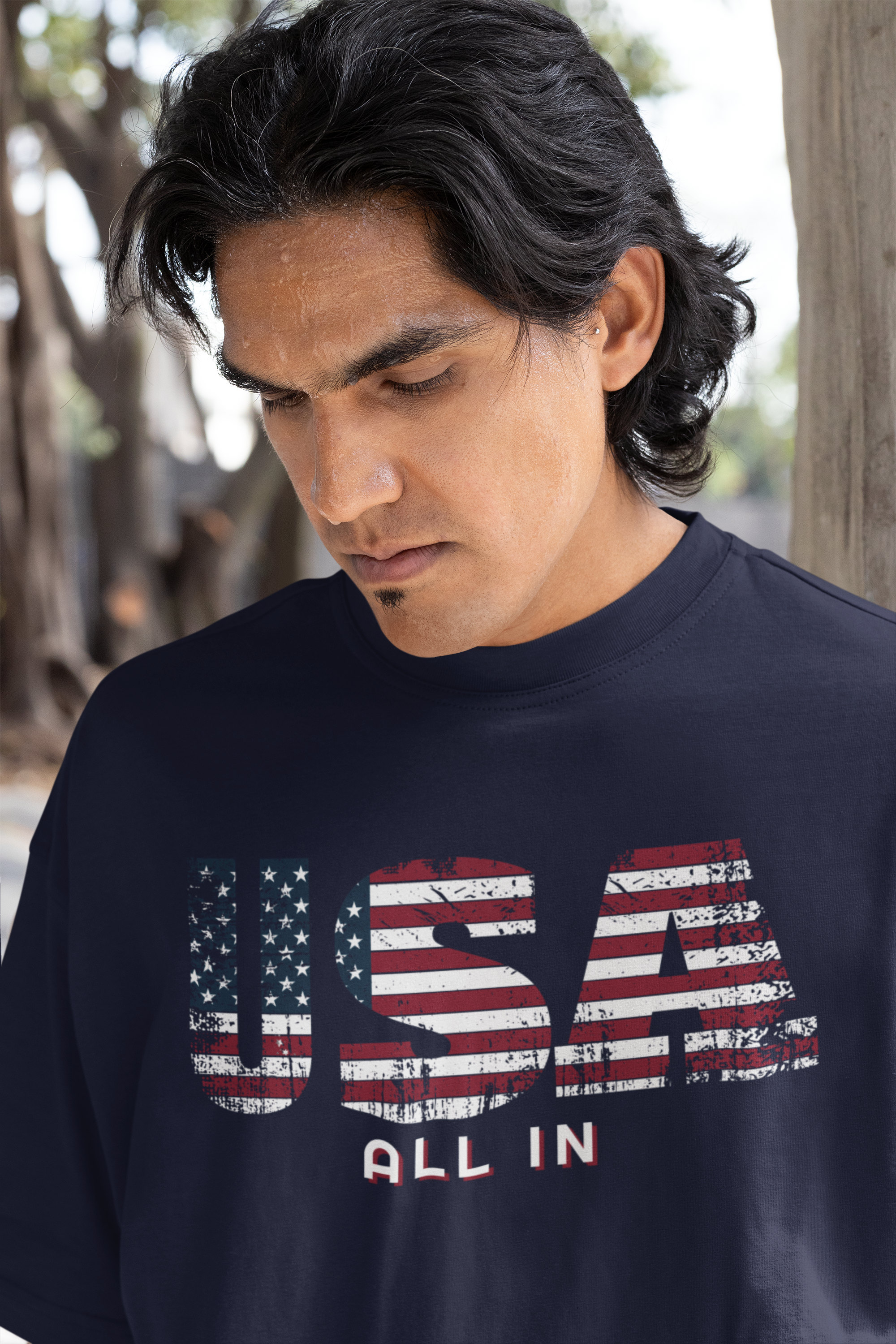 USA All In T-Shirt - Patriotic American Flag Design with Bold Lettering