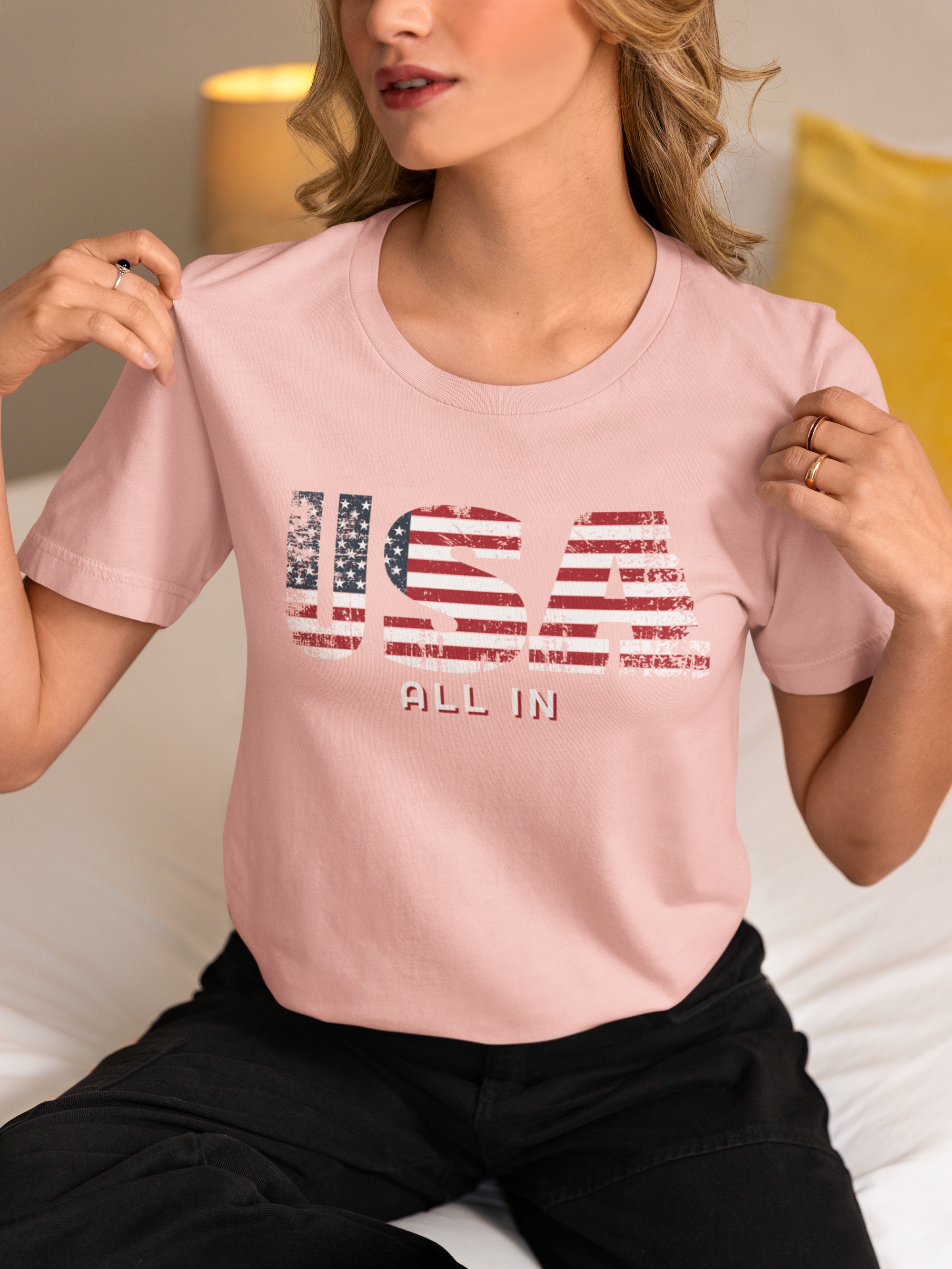 USA All In T-Shirt - Patriotic American Flag Design with Bold Lettering