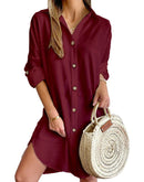 Autumn Leisure Long Sleeve Lapel Button Shirt Dress Womens Clothing - Encore2woWine RedL