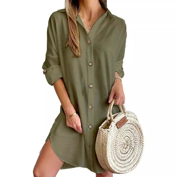 Autumn Leisure Long Sleeve Lapel Button Shirt Dress Womens Clothing - Encore2woGreenL