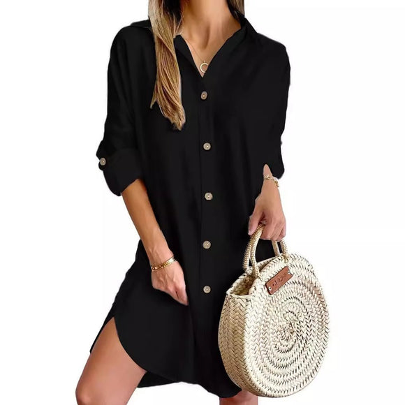 Autumn Leisure Long Sleeve Lapel Button Shirt Dress Womens Clothing - Encore2woBlackL