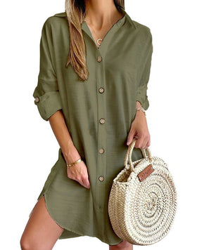 Autumn Leisure Long Sleeve Lapel Button Shirt Dress Womens Clothing - Encore2woGreenL
