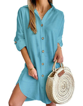Autumn Leisure Long Sleeve Lapel Button Shirt Dress Womens Clothing - Encore2woBlueL