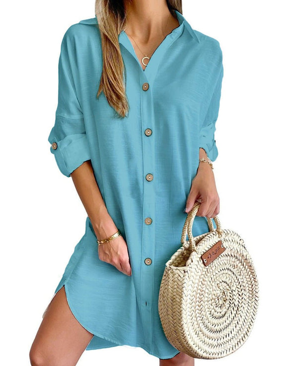 Autumn Leisure Long Sleeve Lapel Button Shirt Dress Womens Clothing - Encore2woBlueL