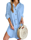 Autumn Leisure Long Sleeve Lapel Button Shirt Dress Womens Clothing - Encore2woSky BlueL