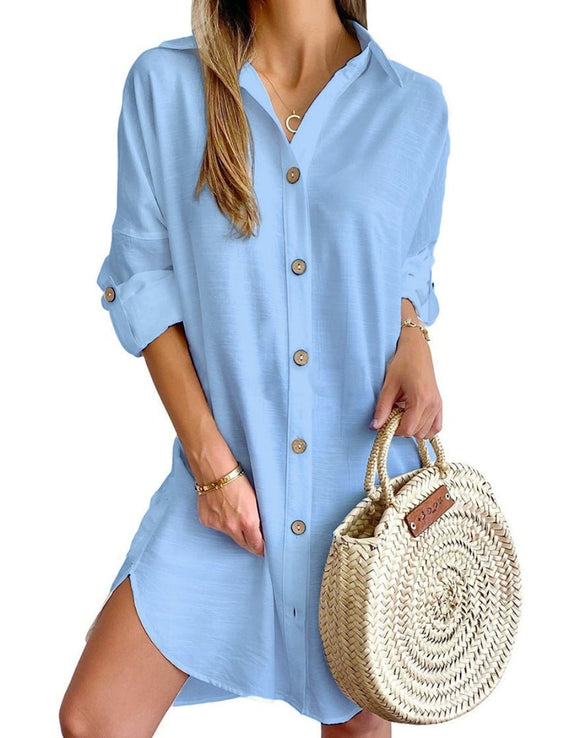 Autumn Leisure Long Sleeve Lapel Button Shirt Dress Womens Clothing - Encore2woSky BlueL
