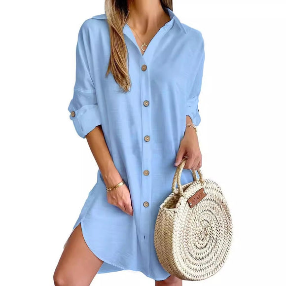 Autumn Leisure Long Sleeve Lapel Button Shirt Dress Womens Clothing - Encore2woBlueL