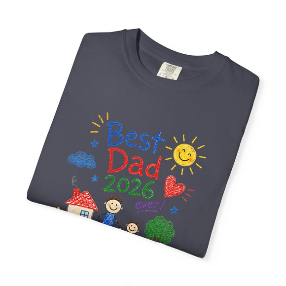 Best Dad 2026 Shirt, Fathers Day Shirt, Cute Dad Gift From Kids, Child Drawing Comfort Colors 1717 Tee - Encore2woNavyS