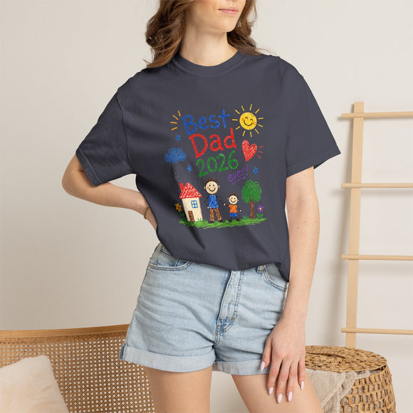 Best Dad 2026 Shirt, Fathers Day Shirt, Cute Dad Gift From Kids, Child Drawing Comfort Colors 1717 Tee - Encore2woNavyS