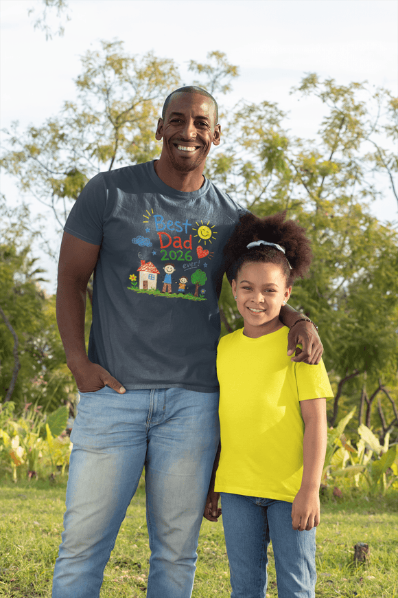 Best Dad 2026 Shirt, Fathers Day Shirt, Cute Dad Gift From Kids, Child Drawing Comfort Colors 1717 Tee - Encore2woNavyS