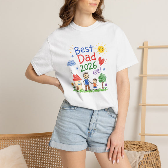 Best Dad 2026 Shirt, Fathers Day Shirt, Cute Dad Gift From Kids, Child Drawing Comfort Colors 1717 Tee - Encore2woNavyS