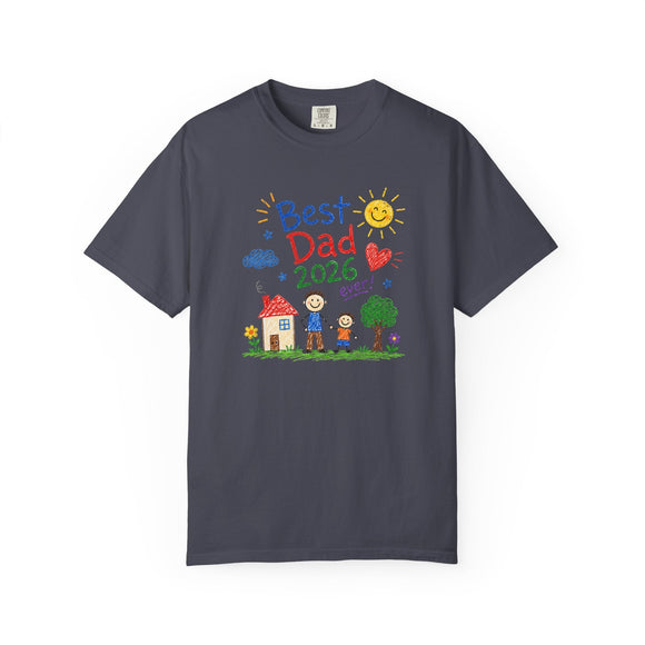 Best Dad 2026 Shirt, Fathers Day Shirt, Cute Dad Gift From Kids, Child Drawing Comfort Colors 1717 Tee - Encore2woNavyS