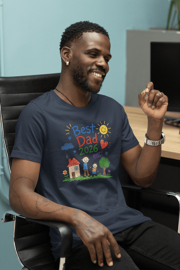 Best Dad 2026 Shirt, Fathers Day Shirt, Cute Dad Gift From Kids, Child Drawing Comfort Colors 1717 Tee - Encore2woNavyS