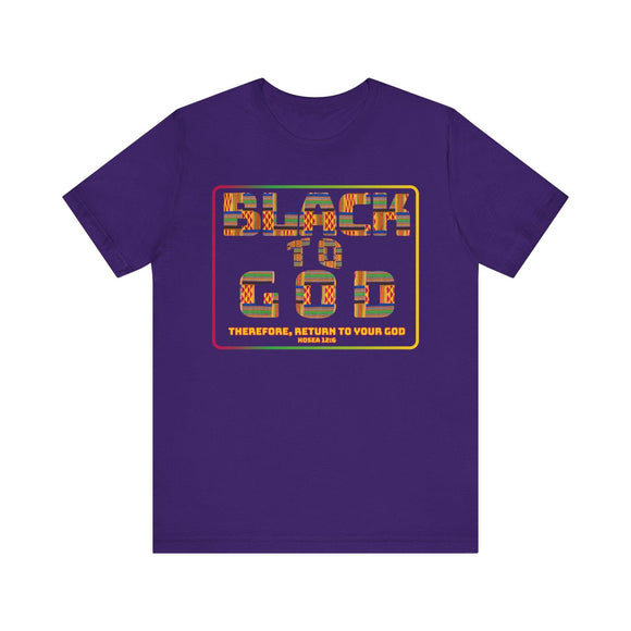 Black to God Faith T-Shirt - Kente Print with Hosea 12:6 - Encore2woTeam PurpleS
