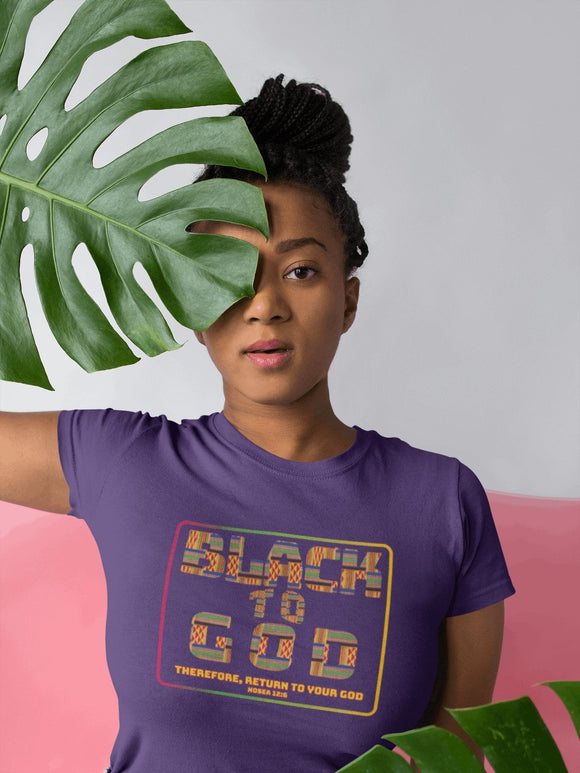 Black to God Faith T-Shirt - Kente Print with Hosea 12:6 - Encore2woBlackS